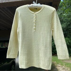 Jeanne Pierre cable knit pastel yellow sweater with buttoned Henley style collar